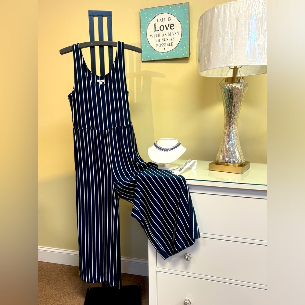 Tribal blue and white stripe jumpsuit.